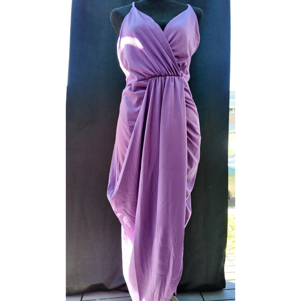 Purple Draped Maxi Dress Sleeveless V-Neck Faux Wrap Formal Gown Lilac Large